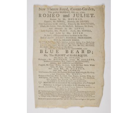 Playbills.- Playbill for Romeo and Juliet at the New Theatre Royal, Covent Garden, to be presented alongside Blue Beard, crea