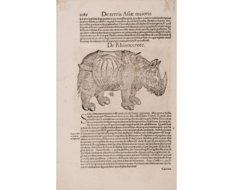 Old master prints.- Dürer (Albrecht), after. The Rhinoceros, woodcut by David Kandel, from Sebastian Münster's 'Cosmographia'