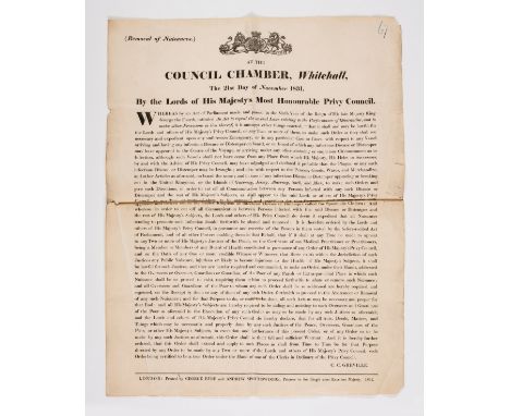 Broadside.- Plague.- [Act to prevent infectious persons disembarking at Britain &amp; the Channel Islands], folds, a few tear