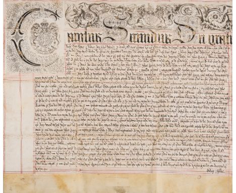 Charles II.- Exemplification of Common Recovery concerning land in Ardsley, Yorkshire, engraved headpiece, manuscript in Lati