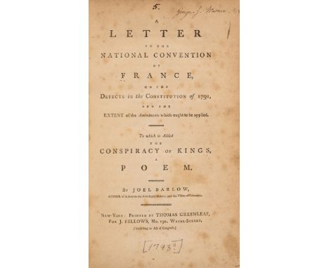 Barlow (Joel) A Letter to the National Convention of France on the defects of the Constitution of 1791, small contemporary in