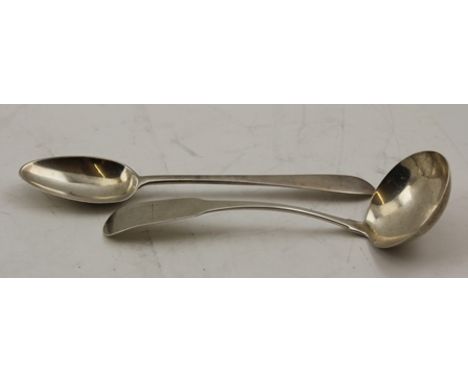 A GEORGE III IRISH SAUCE LADLE, Dublin 1805, together with an 18TH CENTURY IRISH SPOON, combined weight 58g 