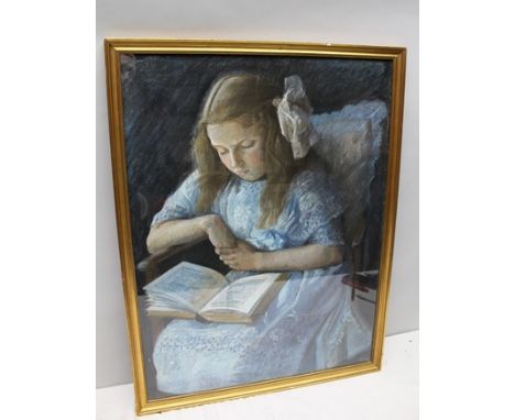 EARLY 20TH CENTURY "Elizabeth Bowes Lyon (The Queen Mother) 1900-2002" depicted as a girl reading, a bow in her hair, Pastel 