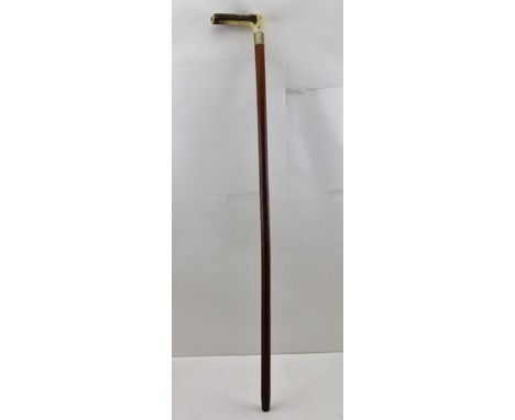 AN EARLY 20TH CENTURY ANTLER HANDLED WALKING STICK, concealing a horse hand measuring device with intact spirit level, engrav