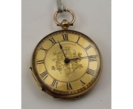 A VICTORIAN 14K GOLD CASED LADY'S OPEN FACE POCKET WATCH, having engine turned case with gilded decorated dial, Roman numeral