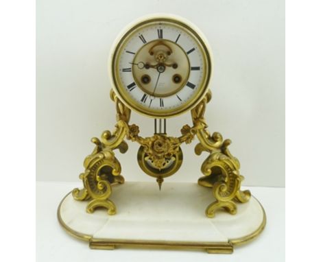 A LATE 19TH CENTURY FRENCH ORMOLU AND WHITE MARBLE MANTEL CLOCK, the enamel dial with Roman numerals and outside Brocot escap