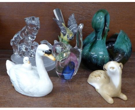 Animal figures including a Goebel swan, blue swan, Szeiler deer, etc.