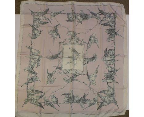 A Hermes D K Parek silk twirl scarf decorated with budgerigars