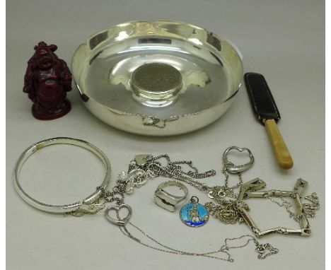 Silver jewellery including pendant and chain, ring, bangle, plated tray, etc.