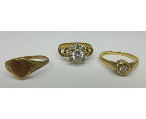 Three 9ct gold rings, 5.0g, 2 x L and M