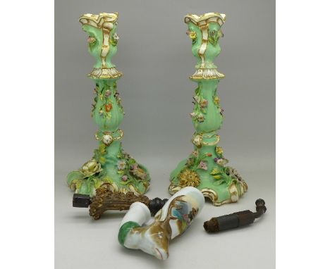 A pair of Coalbrookdale candlesticks and a German pipe, pipe a/f