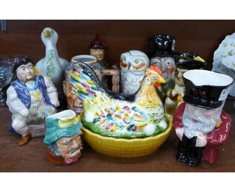 Character jugs, Toby jugs including Tony Wood Mad Hatter, a model of a duck and a ceramic hen egg holder