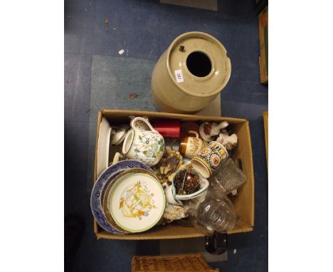 A Box of Ceramics and Glass, Ceramic Barrel Etc. 