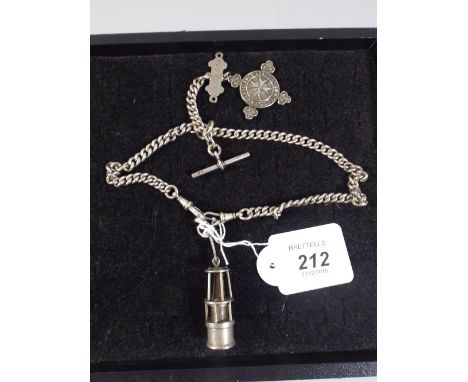 A Silver Double Watch Chain with T Bar and St John Ambulance Mount, Miners Lamp Charm Etc.