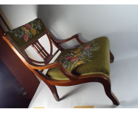 A Pretty Edwardian Inlaid Ladies Nursing Chair with Tapestry Upholstery and Back Rest.