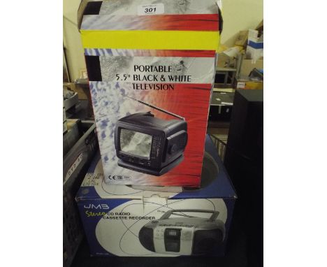A Portable 5 1/2 Inch Black and White TV and A Stereo Cassette Recorder. 