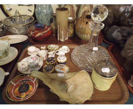 A Tray Containing Ships Decanter, Enamelled Royal Worcester Boxes, Miniature Tea Wares, Royal Worcester Preserve Pot by Locke