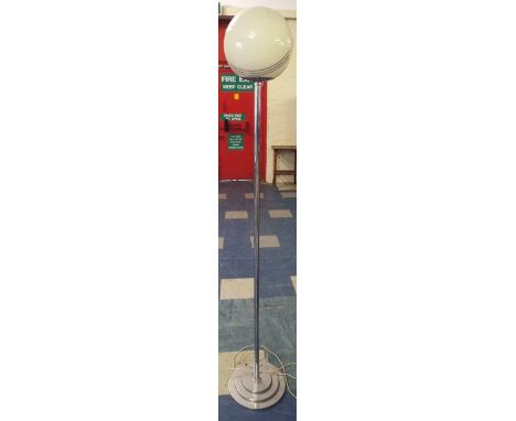 An Art Deco Chromed Standard Lamp on Stepped Base with Opaque Glass Ball Shade (Requires Refixing).