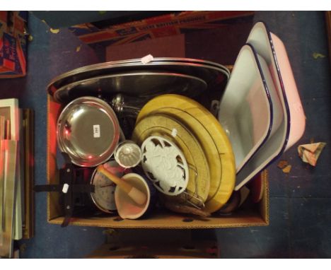 A Box of Kitchen Wares to Include Chopping Boards Scales Stainless Steel Meat Plate Etc.