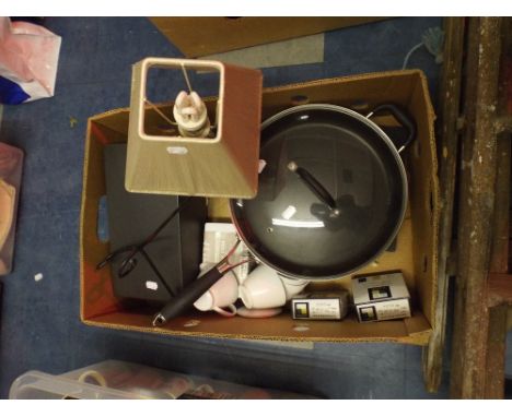 A Tray Containing Frying Pan Card Index Box Table Lamp Ceramics.