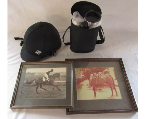 Charles Owen ultralite euro riding hat 2/57, travel flask set &amp; 2 framed photographs of racing horses inc a Grand Nationa