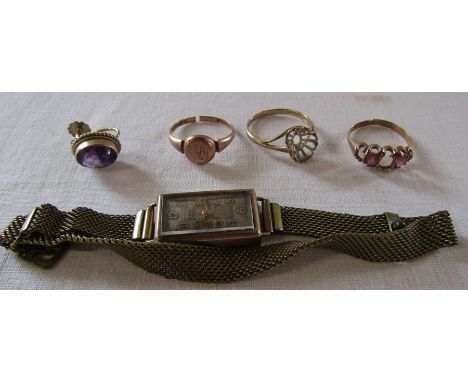 Various scrap 9ct gold inc 3 rings 4.8 g, one earring with amethyst style stone total weight 1.6 g and Rone 9ct gold ladies w