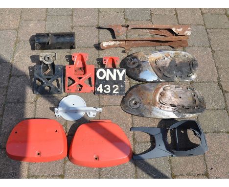 Classic Honda motorcycle frame parts for C100, C110, CB72 etc: headlamp shell, pair of side covers, rare tool kit holder, 3 b