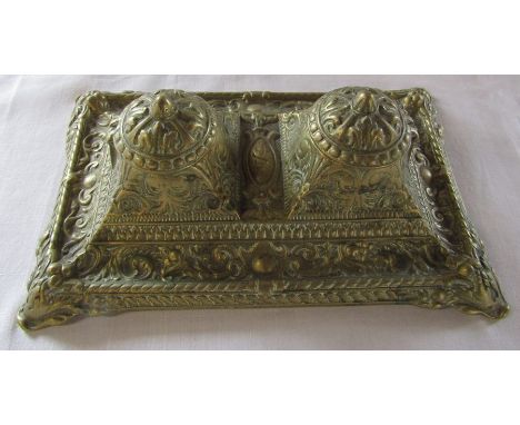 Brass ornate double inkwell stand with liners 27 cm x 17 cm