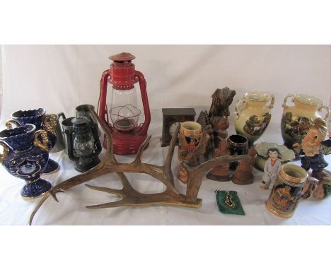 Various items inc Tornado lamp, Gold Circle mantel clock, antlers etc