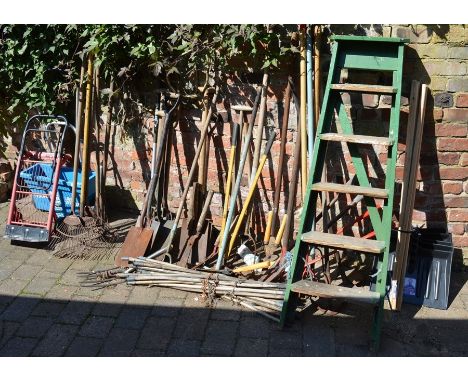 Various gardening tool, snow shovels &amp; wooden steps