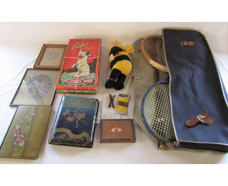 Old ludo box with ludo board and snakes &amp; ladders board, Ann Geddes bee doll, vintage slazenger tennis bag with 2 rackets