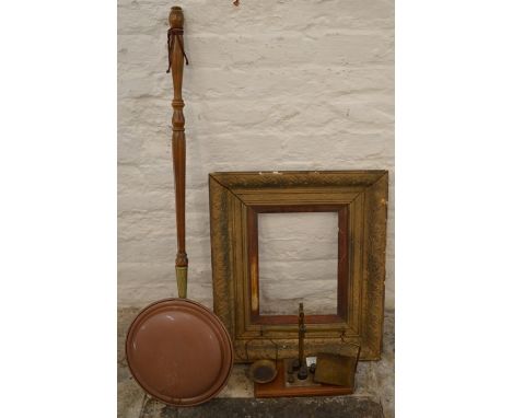 Postal scales, copper warming pan &amp; a Victorian picture frame