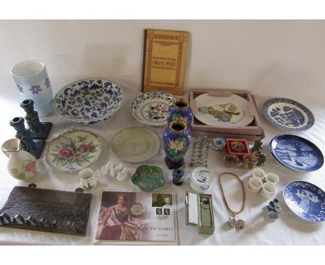 Assorted ceramics inc cloisonne, pipe stand, soap stone, coin and memorial locket etc