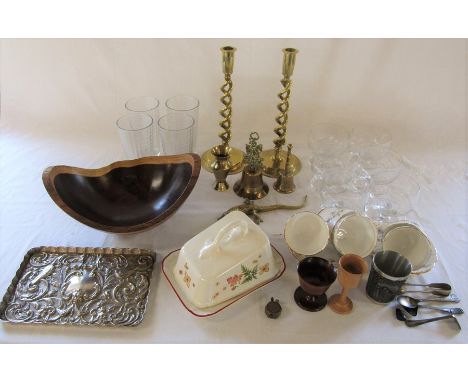 Various ceramics and glassware inc Duchess tea cups and saucers and Royal Winton, silver plate, wooden bowl and brassware