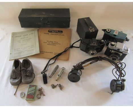 Various cameras inc Kodak brownie, Empire Junior, Coronet and Lina, J Hudson &amp; Co whistle 1907, headphones, vintage child