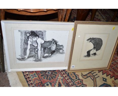 A pen and ink drawing - "Man with plastic bags", by Robert Olley, signed, inscribed and dated 1972; together with a Robert Ol