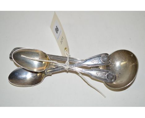 A Victorian silver ladle, by Mary Chawner, London 1838, of reeded fiddle pattern, shell terminal and heel, engraved crest; to