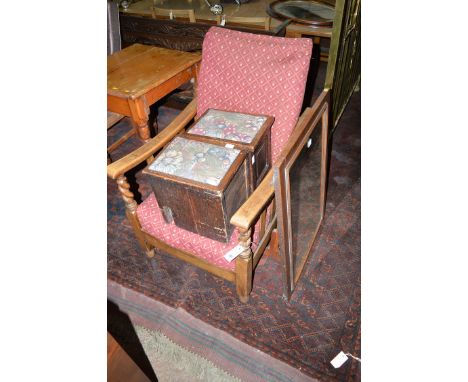 A mahogany lounging chair with barley-twist uprights supporting curved arms; a firescreen; a mirror; and two boxes.