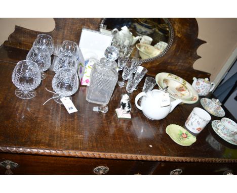 A cut glass whisky decanter; six brandy glasses; six wine glasses; together with a ceramic fruit set; a model of a cat; and H