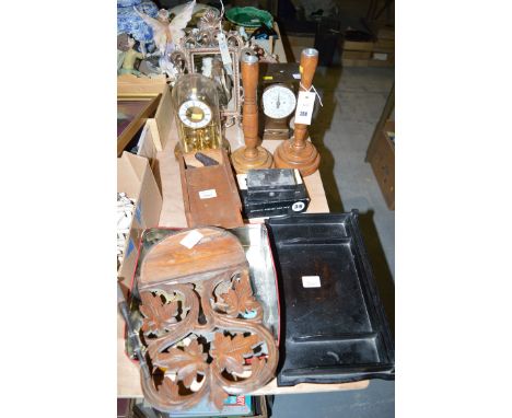An ebonised letter tray; a Salter letter balance; a small microscope in wooden case; metal picture frame; carved wood wall br