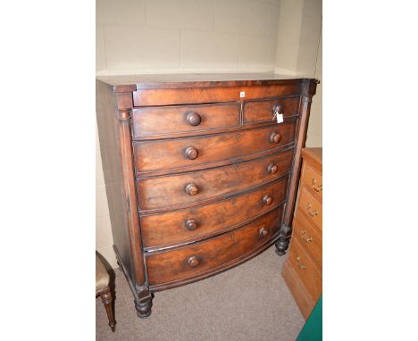 A Victorian mahogany Scotch chest of two short and four long graduated drawers, raised on turned feet, 46in. wide.