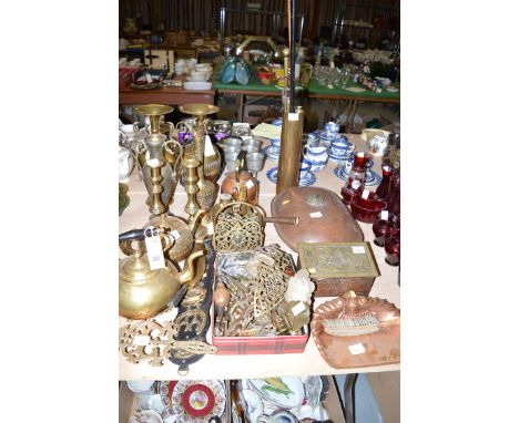 Brass and copperware: a pair of elongated brass vases; candlestick; horse brasses; a trivet; and a copper Art Nouveau style t