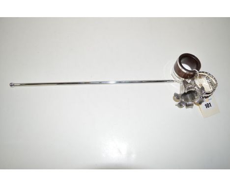 A silver candle snuffer, by P.S.L., Sheffield 1983, the plain stem holding flower drop sconce; together with a stained wood n