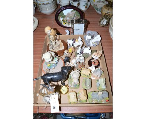Eight Lilliput buildings; assorted animals; and a modern mantel clock.