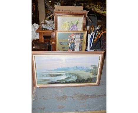 A large colour print - "Tynemouth Long Sands", after Ivan Lindsay; sundry prints; and framed needlework panels.