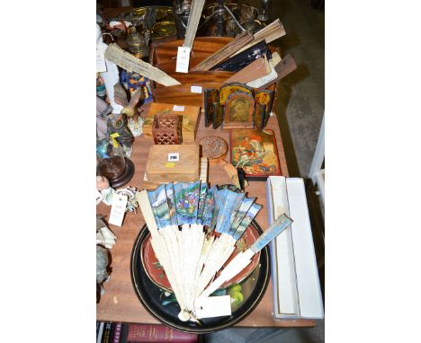 A collection of fans to include: a 19th Century Chinese hand-painted and ivory fan (distressed); modern icons; a hardstone bo