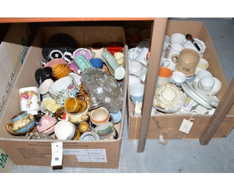 Two boxes of sundry ceramics, including: commemorative china cups; beakers; etc.