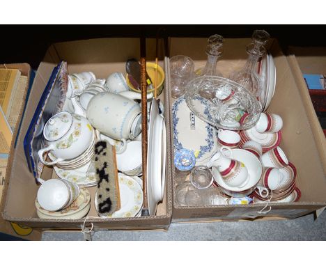 Two boxes of sundry china and glass, including: two decanters; a Duchess tea set; a horn-handled walking stick; etc.