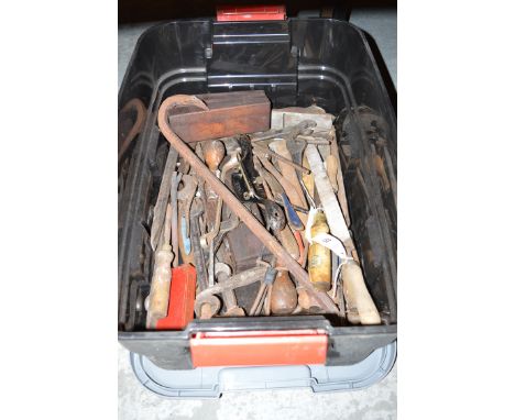 A box of assorted spanners and tools; etc.