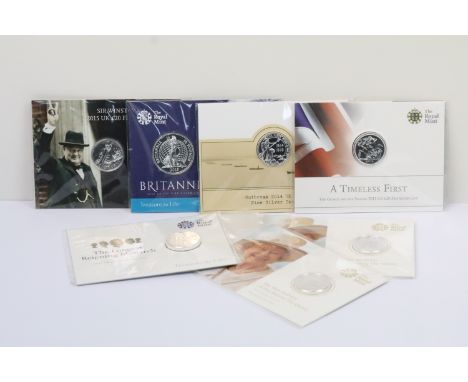 A collection of seven Royal Mint fine silver bullion coins to include 2013, 2016, 2014 and 2015 examples of various denominat